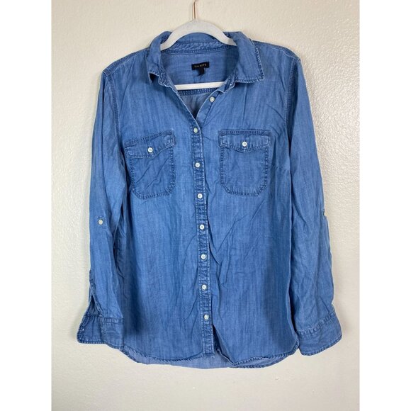 Talbots Blue Chambray Denim Button Up Long Sleeve Shirt Top Size Large Lyocell - Picture 1 of 16